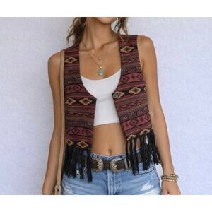 Western BCBG Generation Boho Fringe Vest Tribal Print Sleeveless Festival M